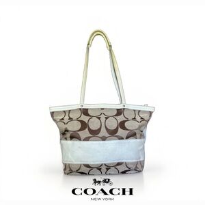 Vintage COACH signature ivory stripe canvas leather shoulder bag tote y2k 90’s
